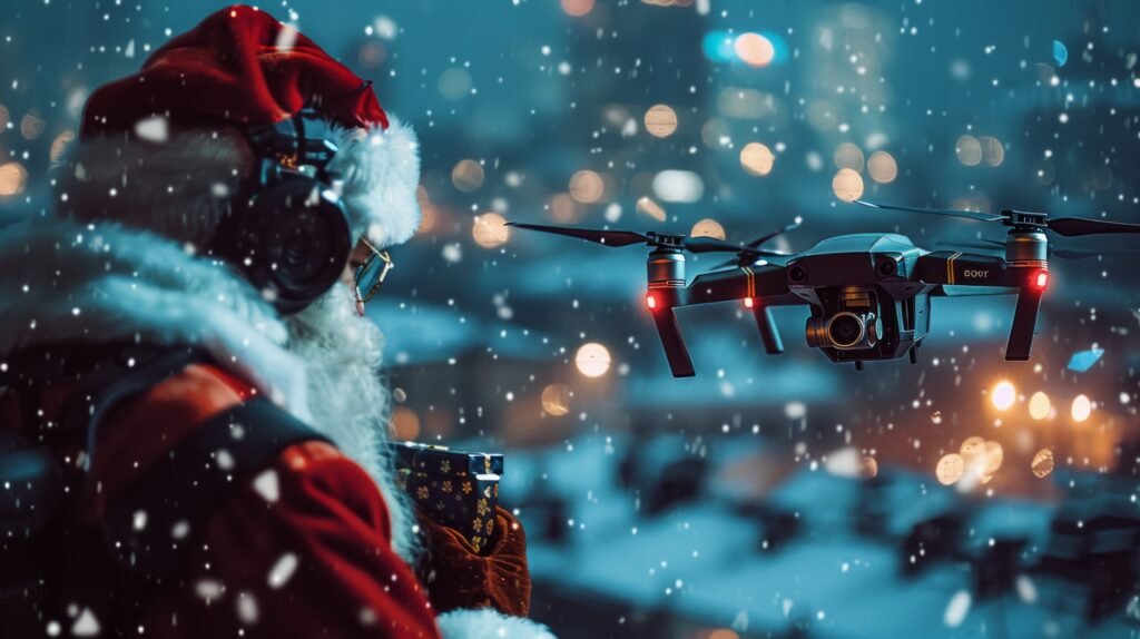 Futuristic Santa Claus overseeing a snowy cityscape with a drone delivering gifts at Christmas