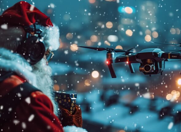 Futuristic Santa Claus overseeing a snowy cityscape with a drone delivering gifts at Christmas