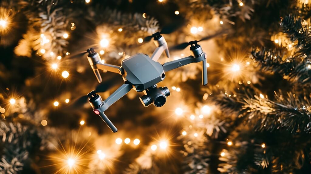 Drones Fireworks Display Above Trees at Night.
