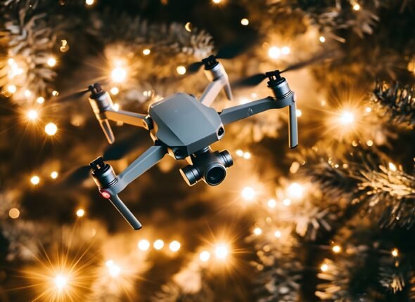 Drones Fireworks Display Above Trees at Night.