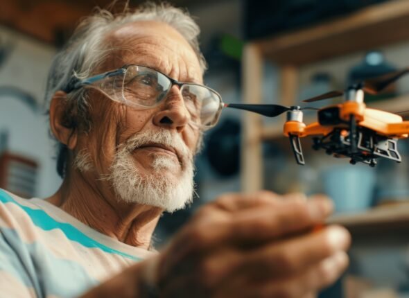 Elderly European man with glasses intently controls a flying drone indoors