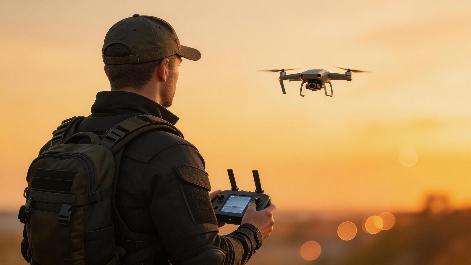 Man operating drone at sunset